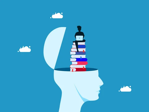 stock vector Cognitive intelligence and thinking skills. man with laptop on stack of books growing from head vector