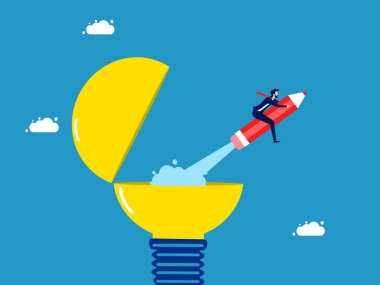 Yeni yeniliklere ayak uydurmak ve yeni şeyler öğrenmek. İş adamı ampul vektöründeki bir yığın kitabın üzerinde kalemle uçar.