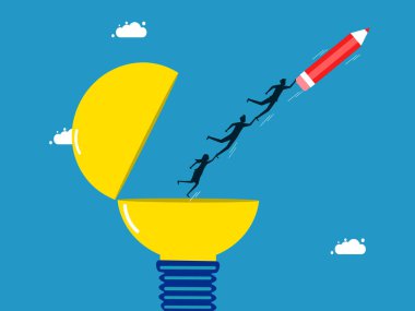 Yeni yeniliklere ayak uydurun ve yeni şeyler öğrenin. İş ekibi ampul vektöründe kitap yığınının üzerinde kalemlerle uçuyor.