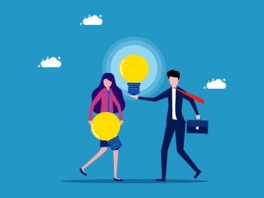 Yeniliği ve bilgiyi keşfet. Ampul taşıyıcısı olan iki işadamı