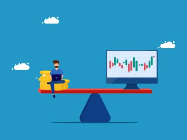 Hisse senedi veya hisse alımının değerini ölçün. Parası ve hisse senetleri olan bir adam.