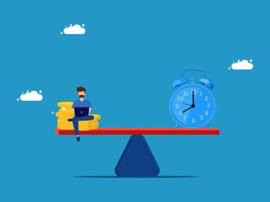 Zaman ya da fırsat kazan. Ölçek vektöründe parası ve saati olan adam.