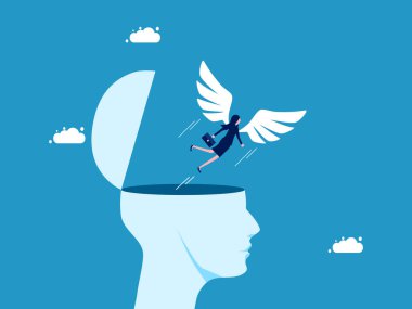 Bağımsız düşünceler. İnsan kafasından özgürce uçan kanatlı bir iş kadını