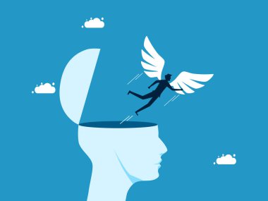 Bağımsız düşünceler. Kanatlı bir işadamı kafasından özgürce uçuyor.