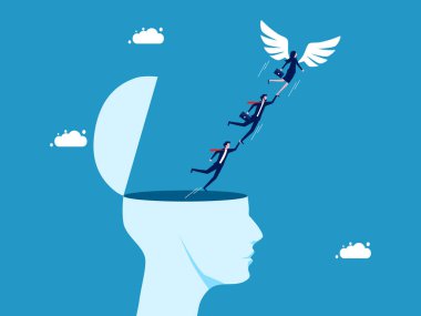 İş özgürlüğü fikirleri. İnsan kafasından özgürce uçan kanatlı iş adamı takımı