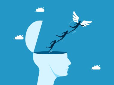 İş özgürlüğü fikirleri. İnsan kafasından özgürce uçan kanatlı iş adamı takımı