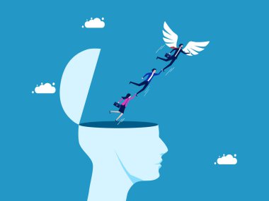 İş özgürlüğü fikirleri. Kanatları insan başlı vektörden özgürce uçan iş adamı takım lideri