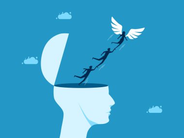 İş özgürlüğü fikirleri. Kanatları insan başlı vektörden özgürce uçan iş adamı takım lideri