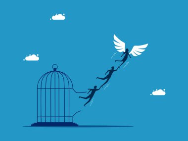 Organizasyon özgürlüğü. Kanatları kafes dışında uçan iş adamı takım lideri