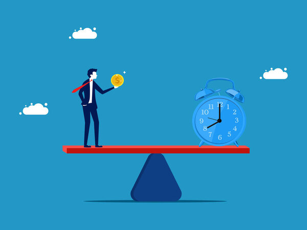 Time value or opportunity cost. Businessman with money and clock on the scale vector