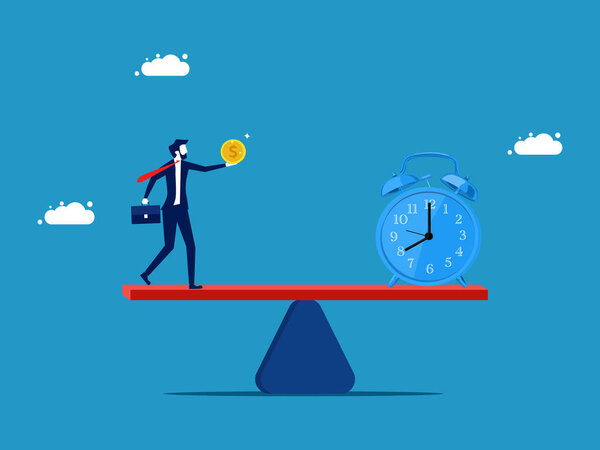 Buy time or opportunity. Businessman with money and clock on the scale vector