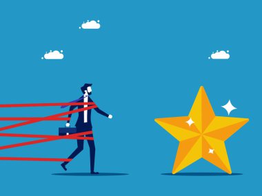 Başarının önündeki engeller. İş adamı bantla bağlandı ve yıldızları yakalamaya gidiyor.