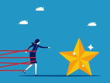 Sabırlı ol ve başarıya çalış. İş kadını bantla bağlandı ve yıldızları yakalamaya gidiyor.