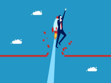 İş ya da liderlik çözümü. Bariyer vektörünü aşan bir roketle uçan iş adamı