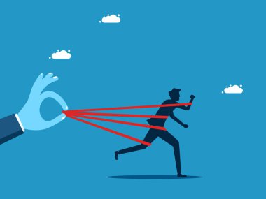 Büyük iş rakiplerinin önündeki engeller. İş adamı büyük bir iş adamıyla dövüşüyor.