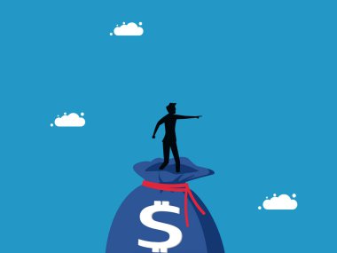 Zenginlik yaratma ve yatırım gelişimi. Adam büyük bir para çantası vektörünü işaret ediyor.