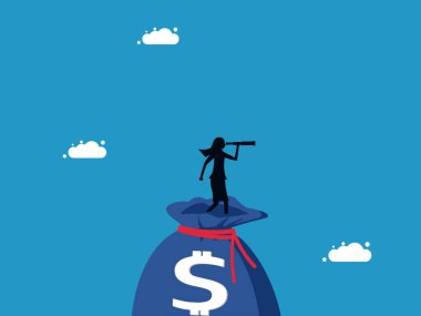 Servet kazanmak ve yatırım yapmak. Kadın büyük para çantası vektörünü araştırıyor.