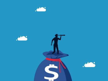 Servet kazanmak ve yatırım yapmak. Adam büyük para çantası vektörünü araştırıyor.