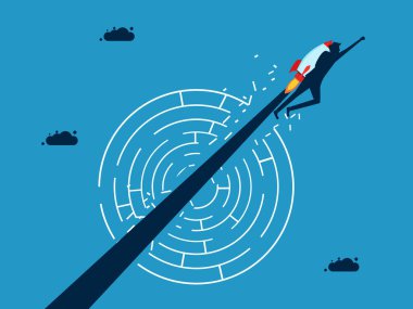 Yenilik yoluyla engellerin ve sorunların üstesinden gel. Adam labirent vektöründe bir roket içinde uçuyor.