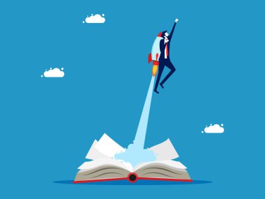 Yenilikçi liderlerin bilgi gelişimi. Bir kitap vektöründen fırlayan roketle uçan bir iş adamı