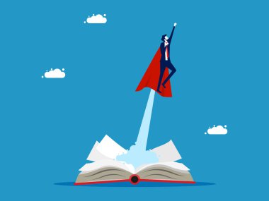 Liderler bilgilidir. İş adamı kahraman kitap vektöründen uçuyor.