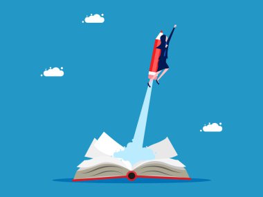 Bilgi edinmeyi asla bırakma. İş kadını bir kitap vektöründen kalemle uçuyor.