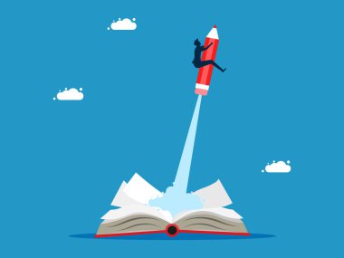 Bilgi edinmeyi asla bırakma. Adam bir kitap vektöründen kalemle uçuyor.