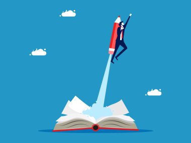 Bilgi topluyorum. İş adamı bir kitap vektöründen kalemle uçuyor.