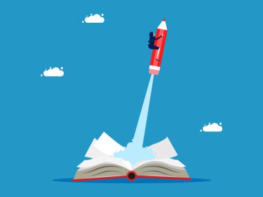 Bilgi topluyorum. İş kadını bir kitap vektöründen kalemle uçuyor.