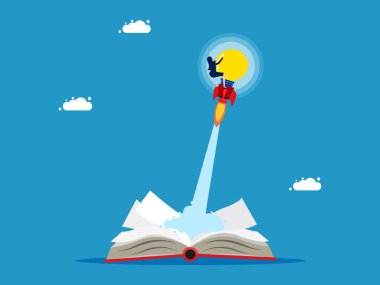 Öğrenmek asla bitmez. İş kadını bir kitap vektöründen çıkan ampulle uçuyor.