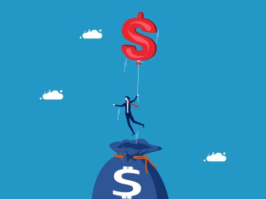 Yatırım yapmanın bağımsız bir yolu. Para çantası vektöründen para balonuyla uçan bir iş adamı.