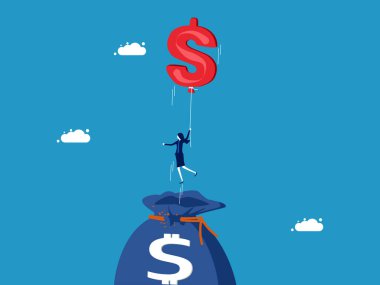 Yatırım yapmanın bağımsız bir yolu. Para çantası vektöründen para balonuyla uçan iş kadını