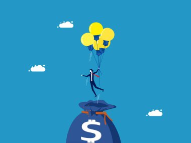 Finansal bilgi ve yatırım. Para çantası vektöründen ampul balonuyla uçan bir iş adamı.