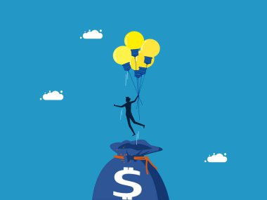 Finansal bilgi ve yatırım. Adam para çantası vektöründen ampul balonuyla uçuyor.