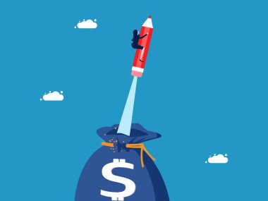 Yatırım bilgisini geliştir. İş kadını para çantası vektöründen kalemle uçar.