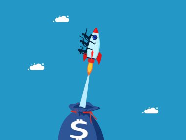 Yatırım yenilikleri için bir takım olarak çalışın. Para çantasından bir roketle uçan iş ekibi. vektör