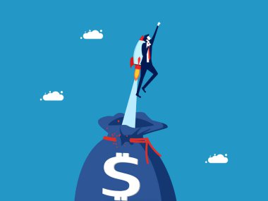 Agresif yatırım. Para çantası vektöründen roketle uçan iş adamı