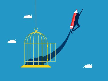 Özgürlük için geliştirildi ve kutunun dışında. Hapishane vektöründen kalemle uçan adam