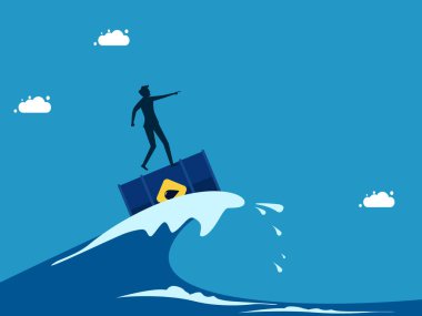 Mallara daha uzak bir açıdan bakıyorlar. İnsanoğlu yağ varilleri vektörüyle denizde sörf yapar.