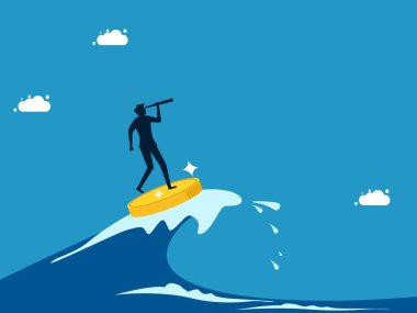 Ekonomik krizde fırsatlara bakın. İnsan sikke vektörüyle denizde sörf yapıyor.