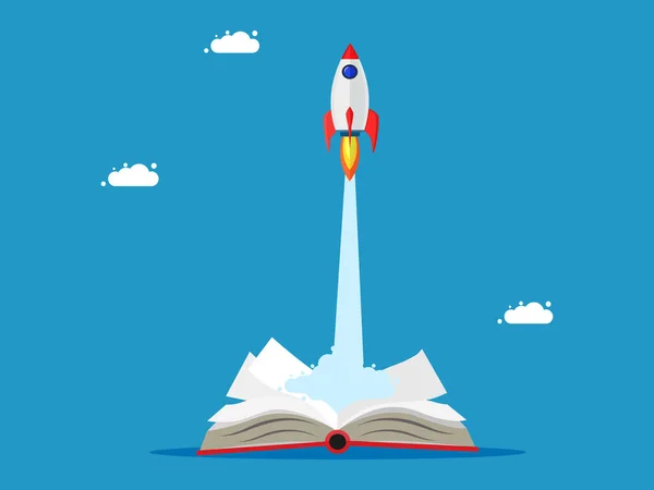 stock vector Books are the source of innovation and knowledge development. A rocket can fly by the power of a book vector