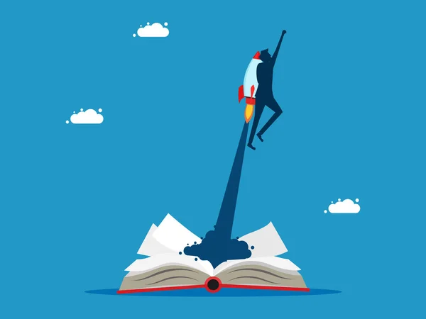知识发展和创新 商人带着火箭从书架上飞出 — 图库矢量图片