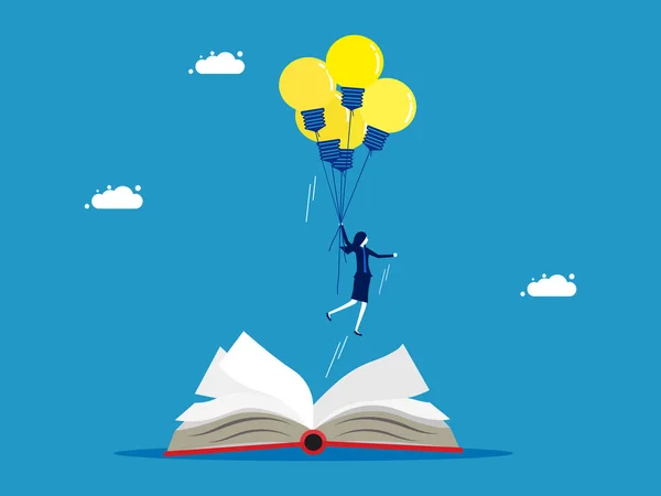 学习和想象的自由 带着灯泡从书架上飞出的女商人 — 图库矢量图片