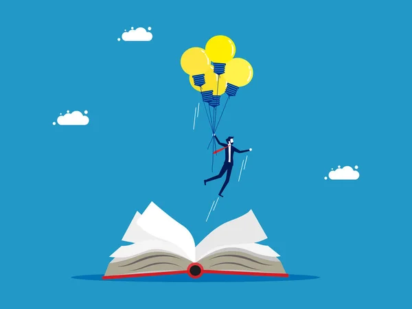知识和想象的自由 带着灯泡从书架上飞出的商人 — 图库矢量图片