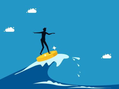 Adam bozuk paralarla deniz dalgalarında sörf yapıyor. Para vektörüyle kriz geçirme kavramı