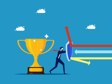 İş şampiyonunu koruyun. İş adamı ödül taşıyıcısını korumak için bir kalkan tutuyor.