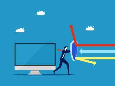 Veri koruması. İş adamı bilgisayar vektörünü korumak için kalkanı tutuyor