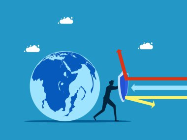 Dünya ekonomisinin korunması. Dünya vektörünü korumak için kalkan tutan bir adam.
