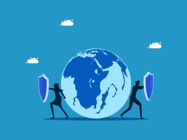 Küresel ekonomik krizi korumak. İş ekibi Dünya vektörünü korumak için kalkanı tutuyor.