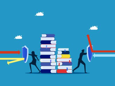 Bilgi ve iş bilgilerini koru. İş ekibi kitap yığınlarını korumak için kalkanları tutuyor.